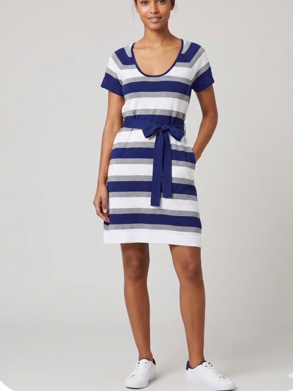 Lacoste Striped Cotton Knit Belted Lightweight Sweater Dress